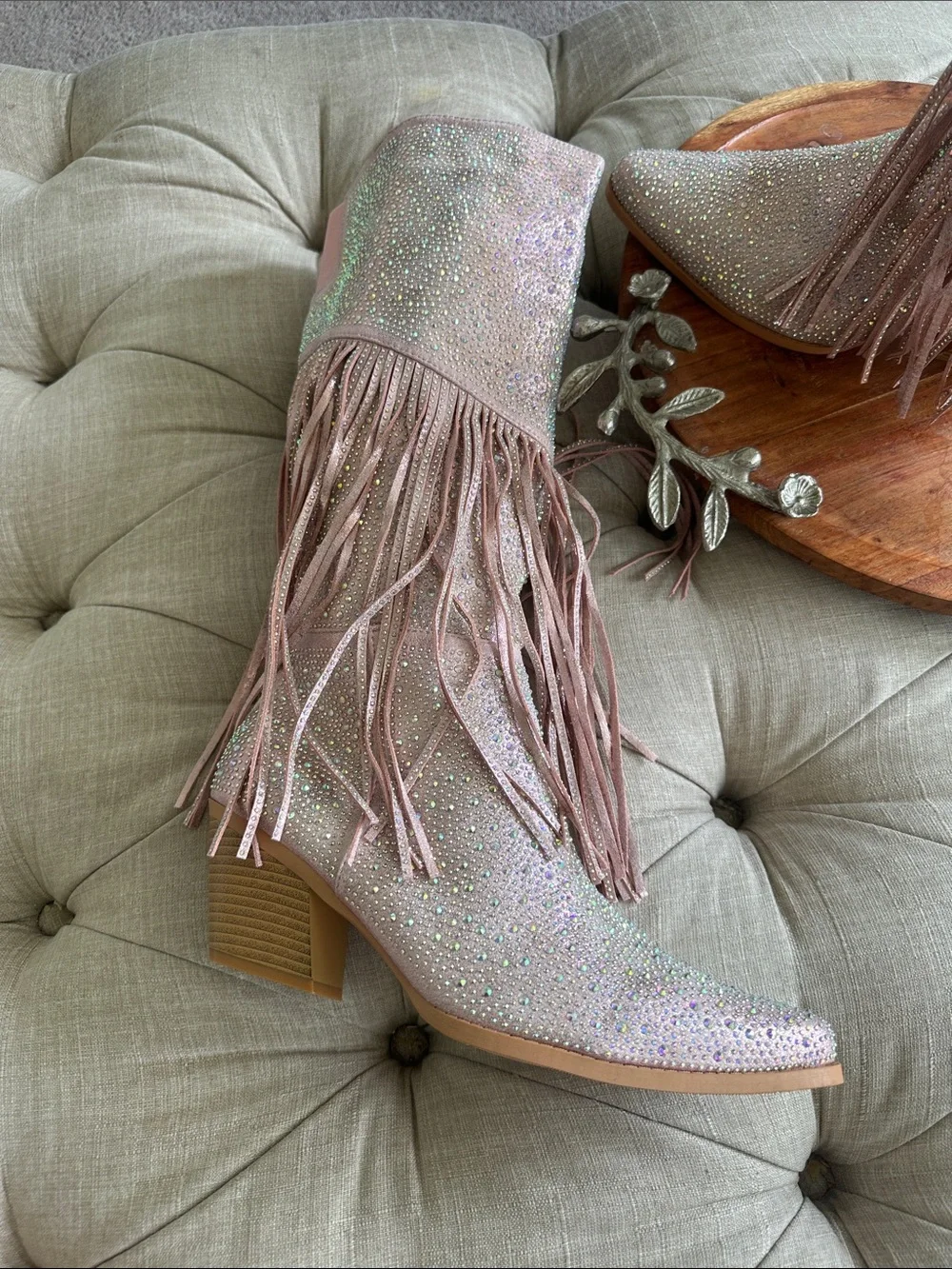 Fashion Nova Pink Rhinestone Fringe Western Boots
